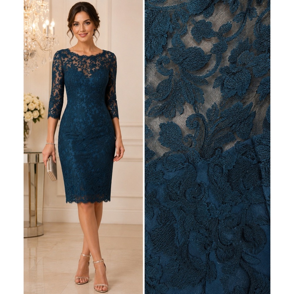 Tadashi Shoji Lace Cocktail Dress Teal Blue Sheath Midi 10 Elegant Romantic Glam